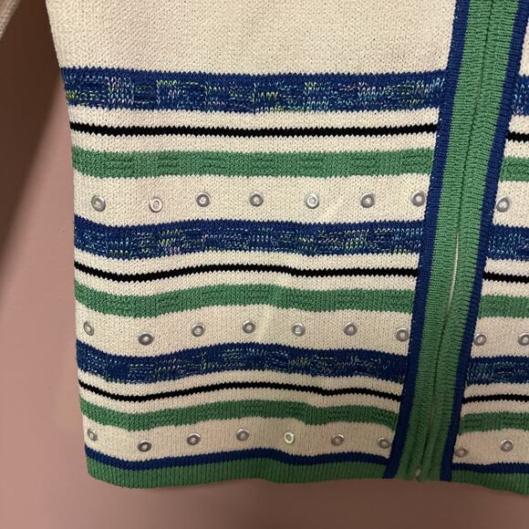 VTG St. John Sport Wool Rayon Zip Cardigan Green Blue Small Rivets Striped - Picture 4 of 9